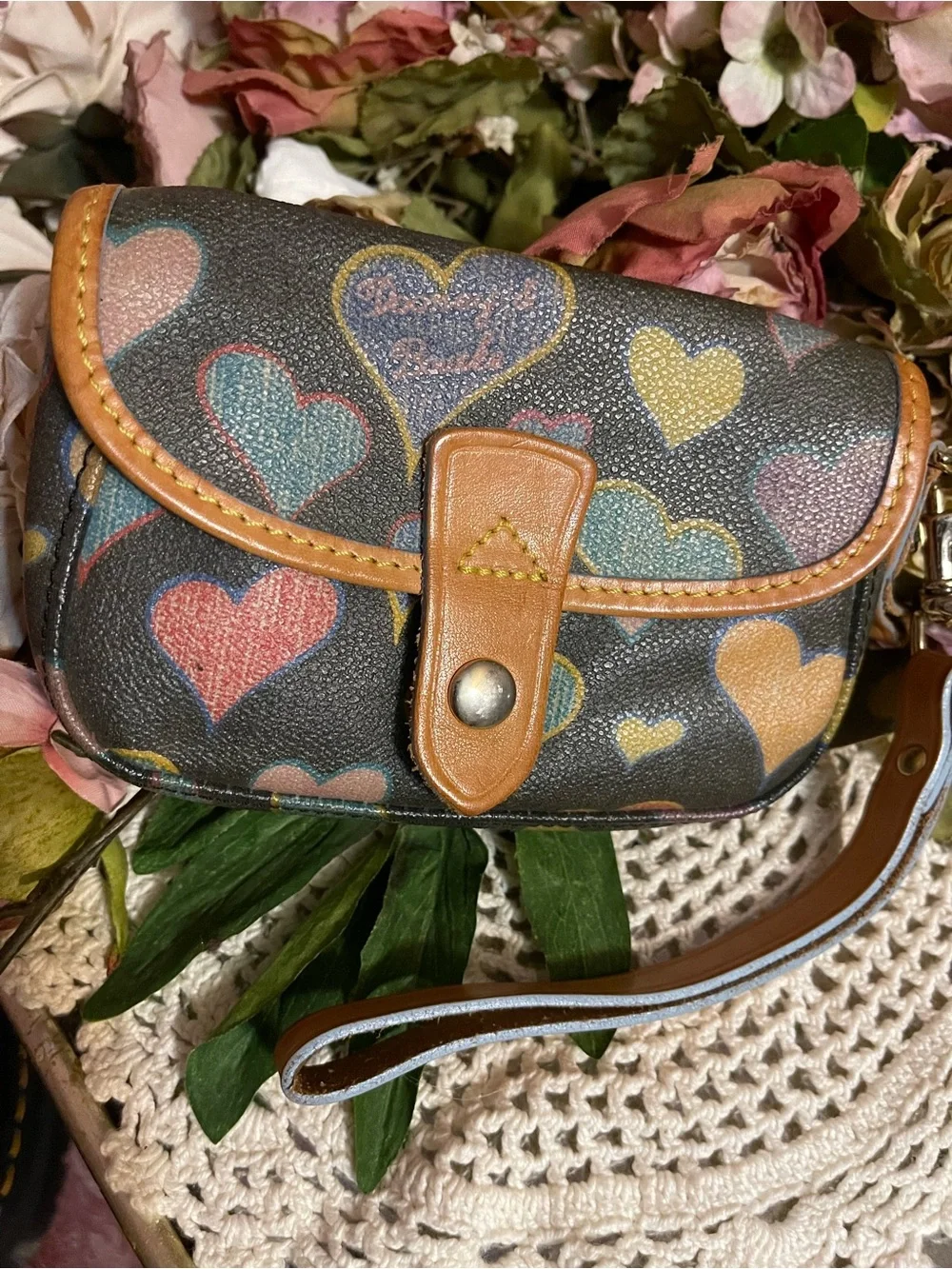 Dooney & Bourke vintage Multicolor Heart Print Wristlet with Brown Trim